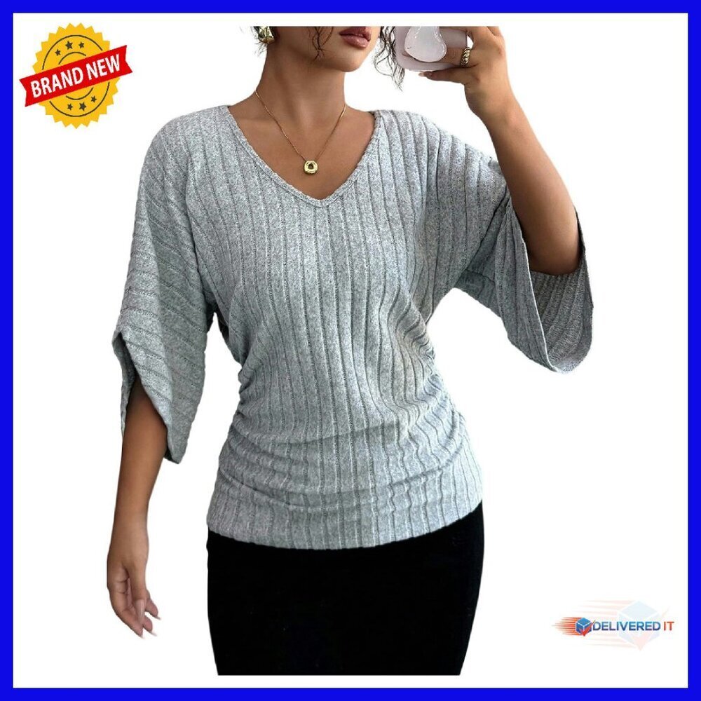 Textured V Neck Half Sleeve Ribbed Knit Ruched Waist T-Shirt